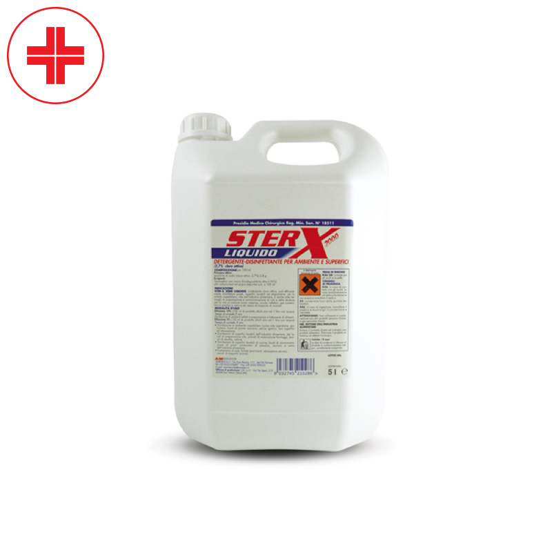 Ster-X 2000 PMC Disinfettante – Tanica 25 litri - Soluzione acquosa concentrata a base di sodio ipoclorito (rilasciante cloro) con tensioattivo non iconico con funzione detergente.
